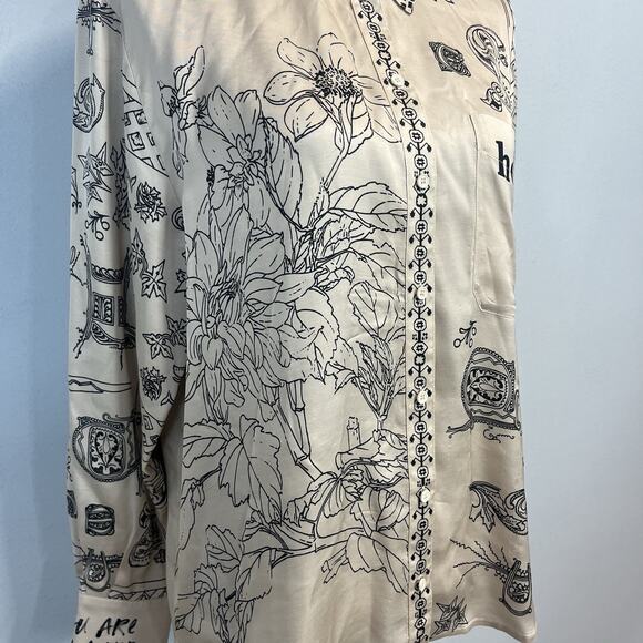 Me369 Blouse Tunic size Medium Gold Black HELLO HEY HI Artsy Peacock Graphic #S - Picture 7 of 12